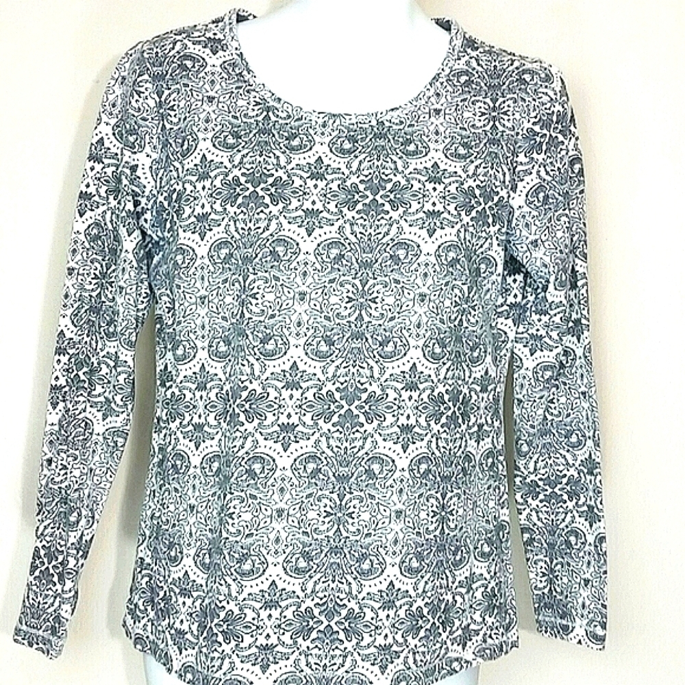 Made for Life Black White Medallion Print Long Sleeve Cotton Stretch Top Small